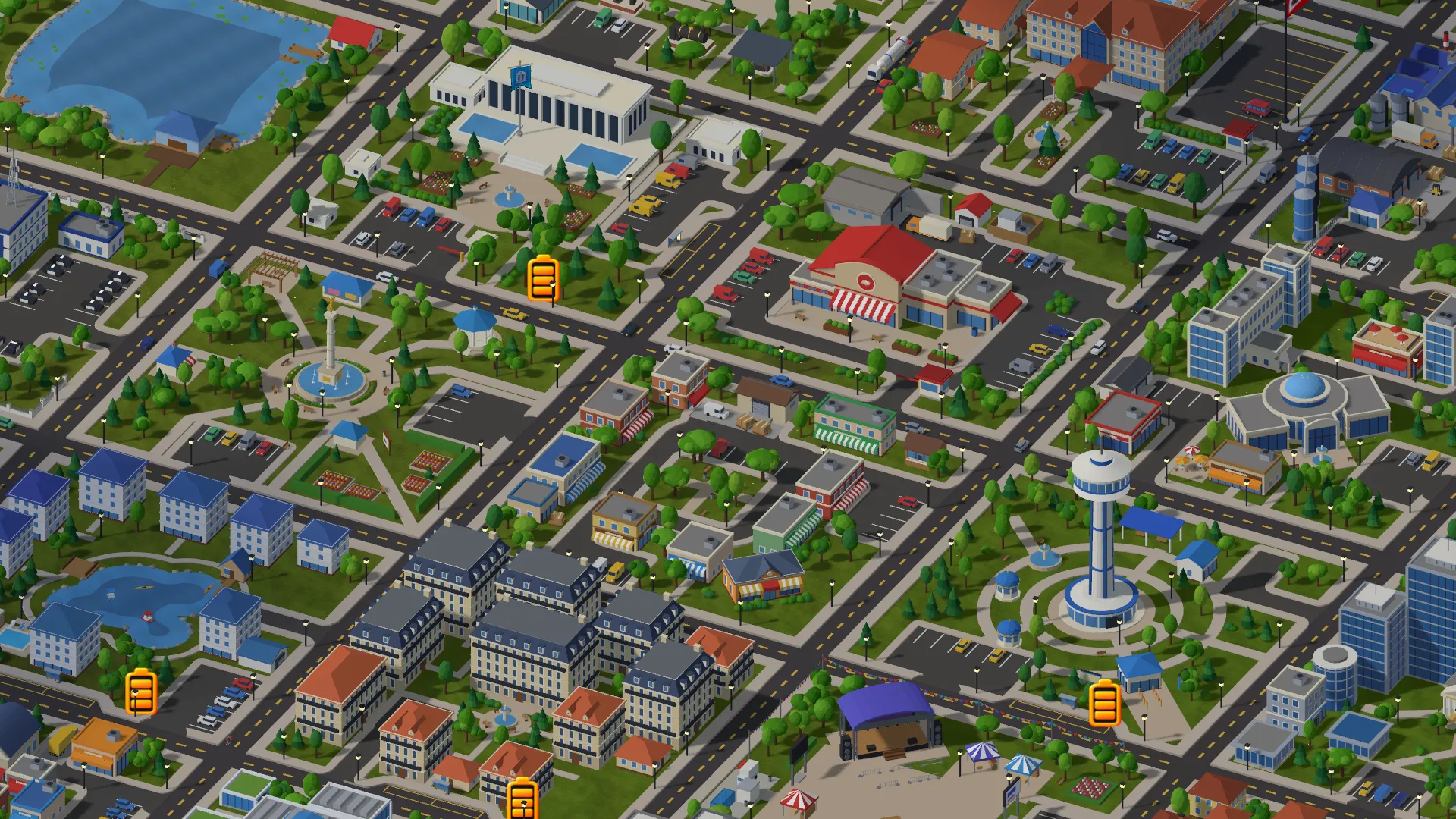 Close view of the 3D city: apartment blocks, shops, a market hall, an observation tower and a concert stage along busy streets.