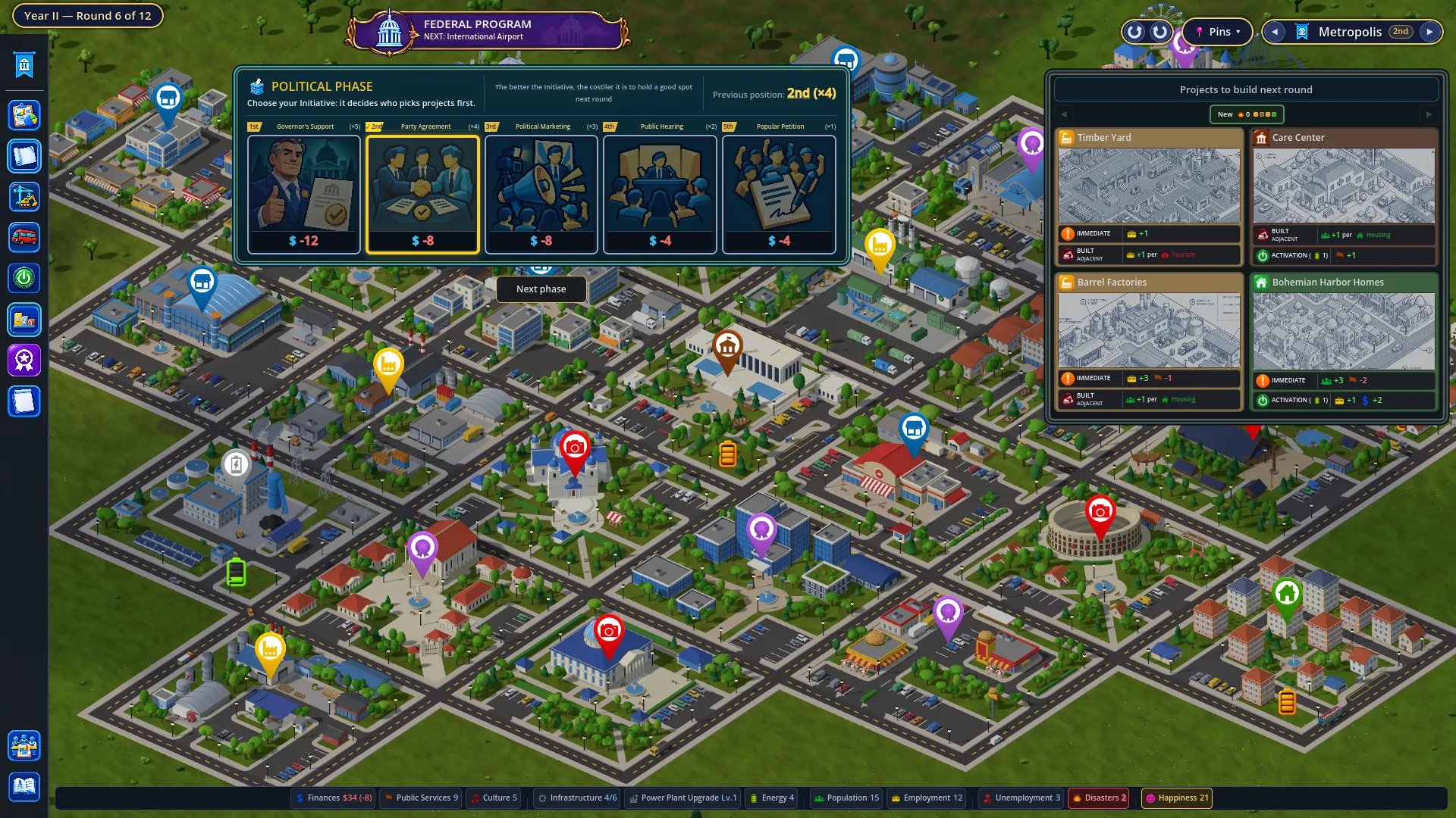 Political phase screenshot: five Initiative cards from 1st to 5th, each with a different cost, over the 3D city, next to the projects available next round.